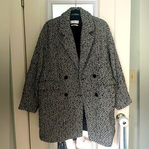 Mango Black and White Pea Coat, Wool Blend - VERY OVERSIZED